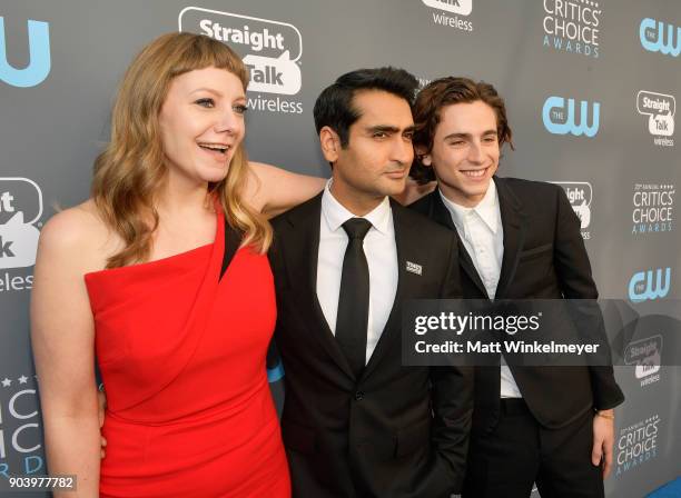 Writer Emily V. Gordon, actor/writer Kumail Nanjiani and actor Timothee Chalamet attend The 23rd Annual Critics' Choice Awards at Barker Hangar on...