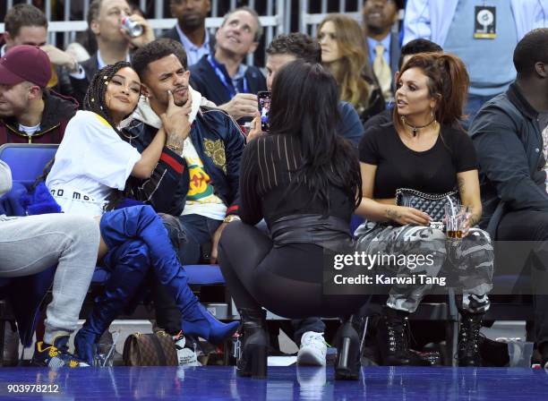 Leigh-Anne Pinnock , Andre Gray and Jesy Nelson attend the Philadelphia 76ers and Boston Celtics NBA London game at The O2 Arena on January 11, 2018...