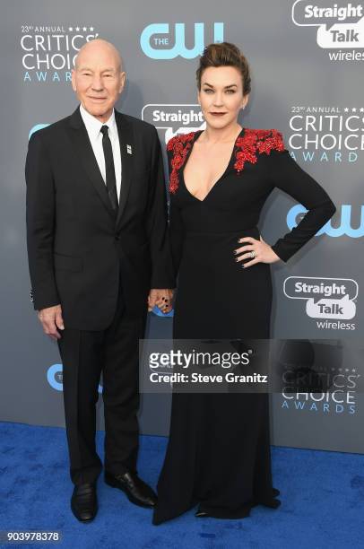 Actor Sir Patrick Stewart and singer Sunny Ozell attend The 23rd Annual Critics' Choice Awards at Barker Hangar on January 11, 2018 in Santa Monica,...