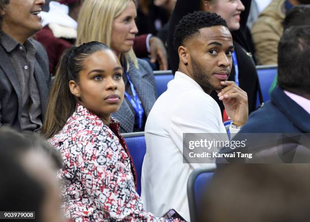 Raheem Sterling and Paige Milian attend the Philadelphia 76ers and Boston Celtics NBA London game at The O2 Arena on January 11, 2018 in London,...