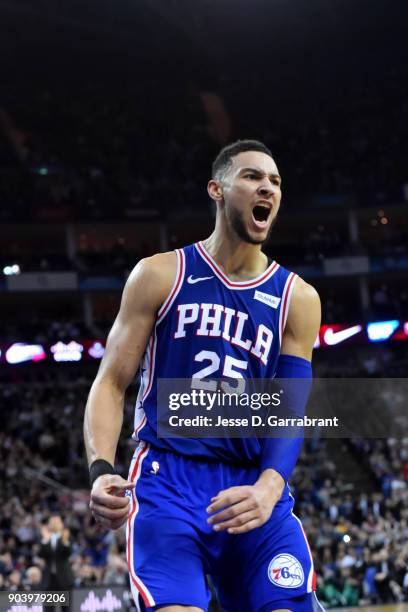 Ben Simmons of the Philadelphia 76ers reacts after dunking the ball during the game against the Boston Celtics on January 11, 2018 at The O2 Arena in...