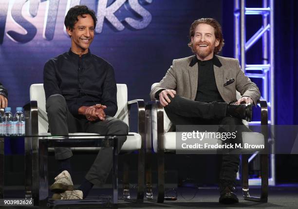 Guest stars Danny Pudi and Seth Green of the television show Bobcat Goldthwait's Misfits and Monsters speak onstage during the Turner portion of the...