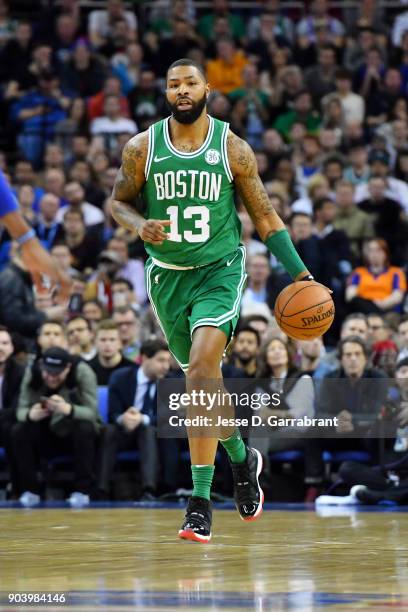 Marcus Morris of the Boston Celtics handles the ball during the game against the Philadelphia 76ers on January 11, 2018 at The O2 Arena in London,...