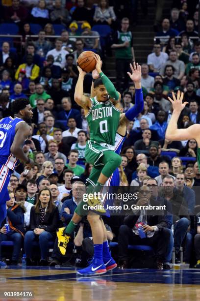 Jayson Tatum of the Boston Celtics handles the ball during the game against the Philadelphia 76ers on January 11, 2018 at The O2 Arena in London,...