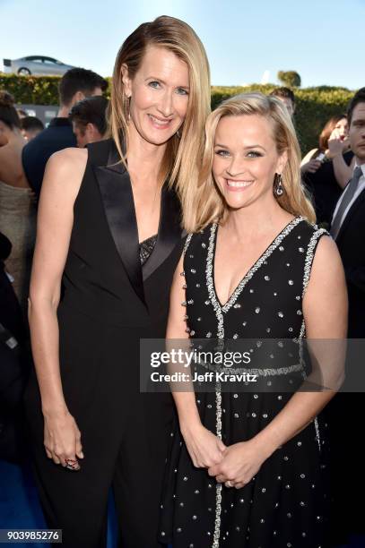 Actors/producers Laura Dern and Reese Witherspoon attend The 23rd Annual Critics' Choice Awards at Barker Hangar on January 11, 2018 in Santa Monica,...