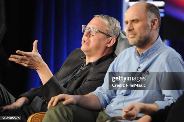 Executive producer Adam McKay and creator Jesse Armstrong speak on stage at HBO Winter TCA 2018 on January 11, 2018 in Pasadena, California.