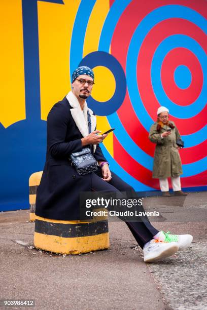 Guest is seen during the 93. Pitti Immagine Uomo at Fortezza Da Basso on January 11, 2018 in Florence, Italy.