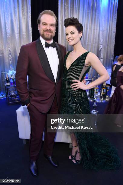 Actors David Harbour and Jaimie Alexander attend Moet & Chandon celebrate The 23rd Annual Critics' Choice Awards at Barker Hangar on January 11, 2018...