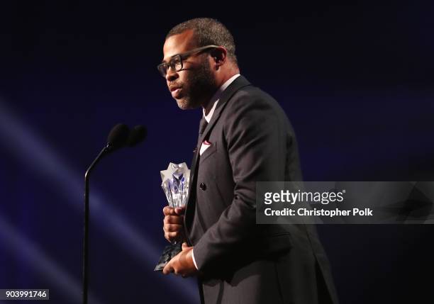 Writer/director Jordan Peele accepts Best Original Screenplay for 'Get Out' onstage during The 23rd Annual Critics' Choice Awards at Barker Hangar on...