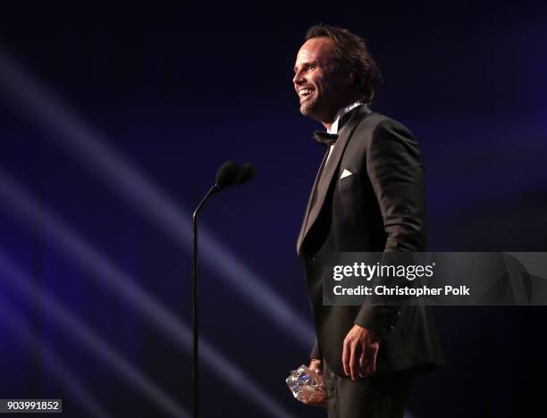 Actor Walton Goggins accepts Best Supporting Actor in a Comedy Series for 'Vice Principals' onstage during The 23rd Annual Critics' Choice Awards at...