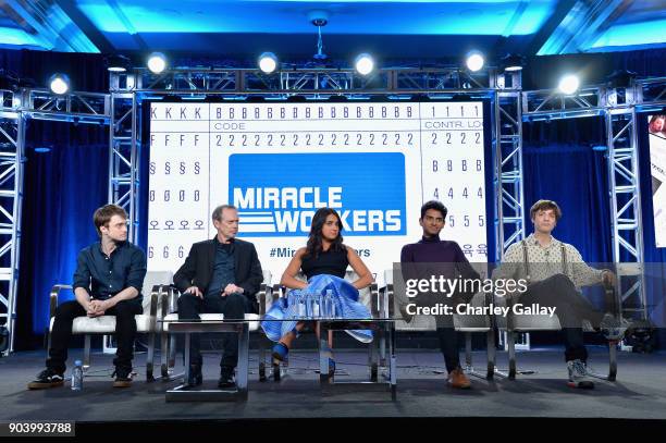 Actors Daniel Radcliffe, Steve Buscemi, Geraldine Viswanathan, Karan Soni and Executive producer Simon Rich of 'Miracle Workers' speak onstage during...
