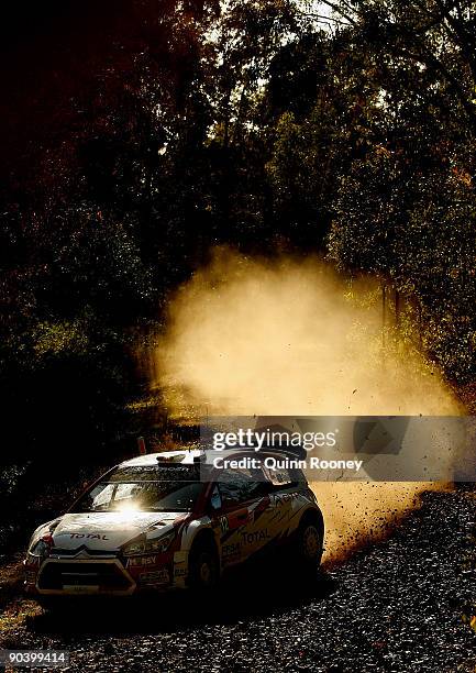 Sebastien Ogier of France and Julien Ingrassia of France compete in their Citroen C4 Total during the Repco Rally of Australia Special Stage 27 on...