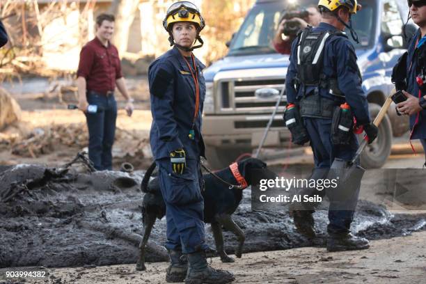County Search and Rescue dog is used as firefighters work to clear debris at a home after dogs marked on a possible body and searchers believe the...
