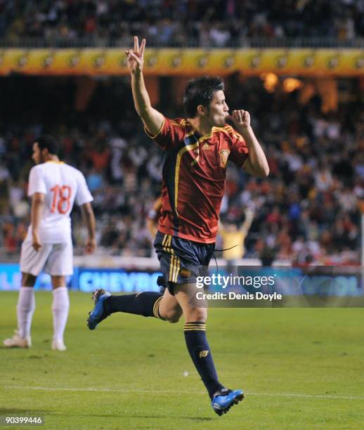 David Villa of Spain celebrates after scoring Spain's second goal during the Group 5 FIFA2010 World Cup Qualifier match between Spain and Belgium at...