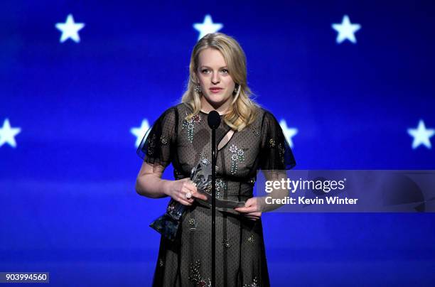 Actor Elisabeth Moss accepts Best Actress in a Drama Series for 'The Handmaid's Tale' onstage during The 23rd Annual Critics' Choice Awards at Barker...