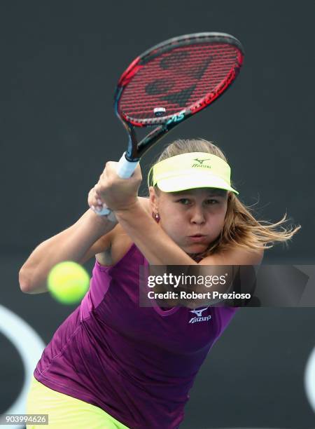 Evgeniya Rodina of Russia competes in her second round match against Viktoriya Tomova of Bulgaria during 2018 Australian Open Qualifying at Melbourne...