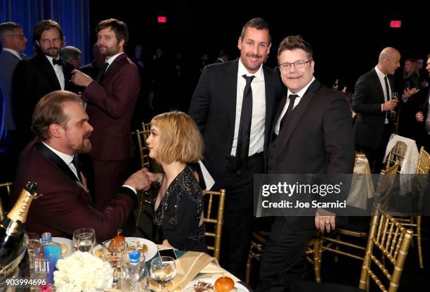 Actors David Harbour, Alison Sudol, Adam Sandler and Sean Astin attend the 23rd Annual Critics' Choice Awards on January 11, 2018 in Santa Monica,...