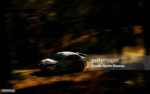 Armindo Araujo of Portugal and Miguel Ramalho of Portugal compete in their Mitsubishi Lancer EVO IX during the Repco Rally of Australia Special Stage...