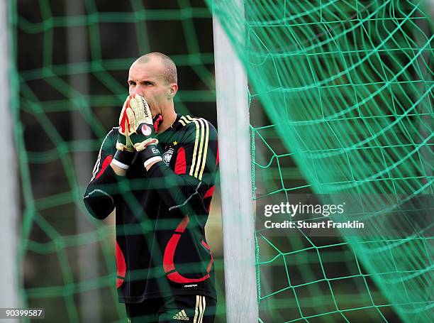 Robert Enke of Germany looks on during a training session of the German national football team at the Sued Stadium on September 6, 2009 in Cologne,...