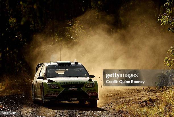 Mikko Hirvonen of Finland and Jarmo Lehtinen of Finland compete in their BP Abu Dhabi Ford Focus during the Repco Rally of Australia Special Stage 27...