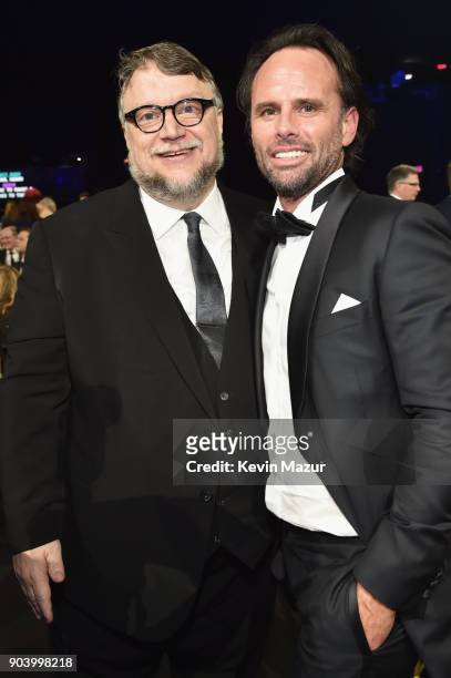 Director Guillermo del Toro and actor Walton Goggins attend The 23rd Annual Critics' Choice Awards at Barker Hangar on January 11, 2018 in Santa...