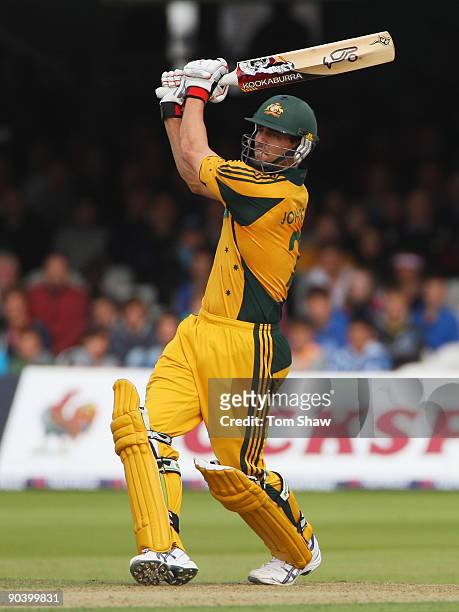 Mitchell Johnson of Australia hits out during the 2nd NatWest One Day International between England and Australia at Lord's on September 6, 2009 in...
