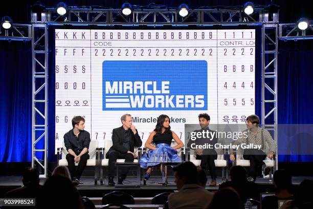 Actors Daniel Radcliffe, Steve Buscemi, Geraldine Viswanathan, Karan Soni and Executive producer Simon Rich of 'Miracle Workers' speak onstage during...