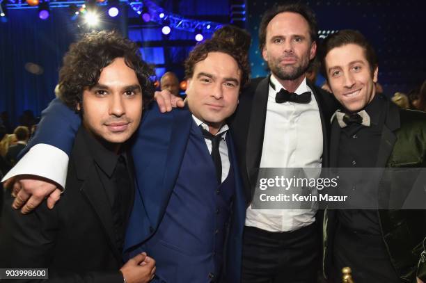 Actors Kunal Nayyar, Johnny Galecki, Walton Goggins, and Simon Helberg attend The 23rd Annual Critics' Choice Awards at Barker Hangar on January 11,...