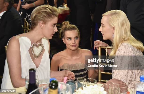 Director-writer Greta Gerwig, actor-producer Margot Robbie, and actor Saoirse Ronan attend The 23rd Annual Critics' Choice Awards at Barker Hangar on...