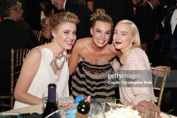 Actor/director Greta Gerwig and actors Margot Robbie and Saoirse Ronan attend The 23rd Annual Critics' Choice Awards at Barker Hangar on January 11,...