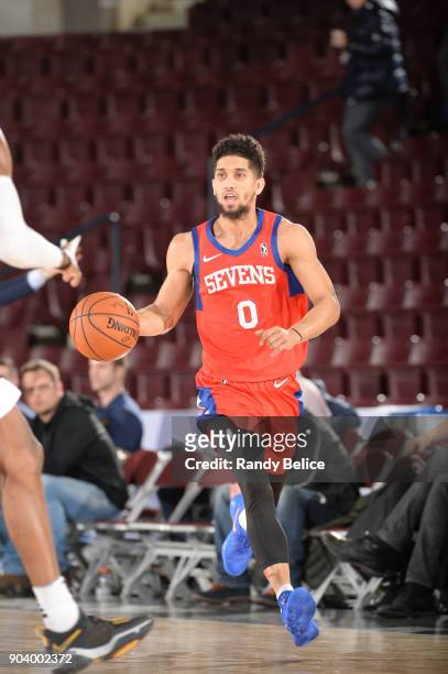 Askia Booker of the Delaware 87ers handles the ball during the game against the Salt Lake City Stars at the NBA G League Showcase Game 12 on January...
