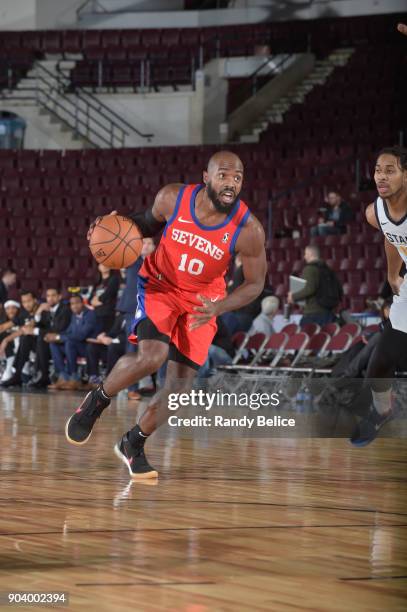 Tyshawn Abbott of the Delaware 87ers handles the ball during the game against the Salt Lake City Stars at the NBA G League Showcase Game 12 on...