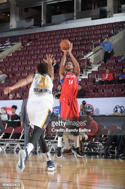 James Michael McAdoo of the Delaware 87ers shoots the ball during the game against the Salt Lake City Stars at the NBA G League Showcase Game 12 on...