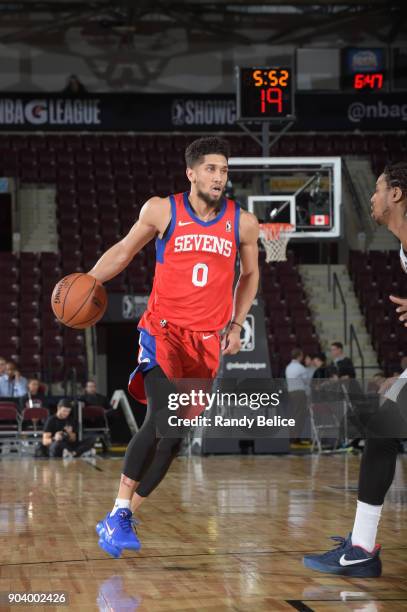 Askia Booker of the Delaware 87ers handles the ball during the game against the Salt Lake City Stars at the NBA G League Showcase Game 12 on January...