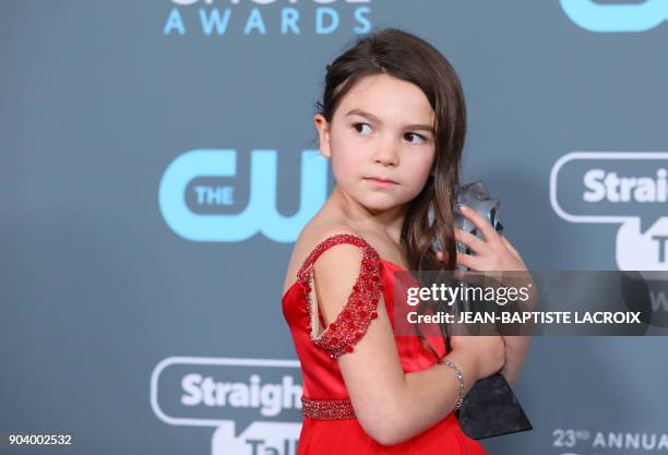 Actress Brooklynn Prince poses with the trophy for Best Young Actor/Actress during 23rd annual Critics' Choice Awards at the Barker Hangar on January...