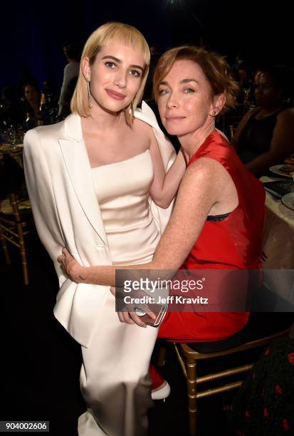 Actors Emma Roberts and Julianne Nicholson attend The 23rd Annual Critics' Choice Awards at Barker Hangar on January 11, 2018 in Santa Monica,...