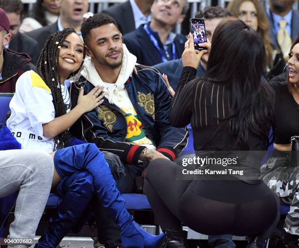 Leigh-Anne Pinnock and Andre Gray attend the Philadelphia 76ers and Boston Celtics NBA London game at The O2 Arena on January 11, 2018 in London,...