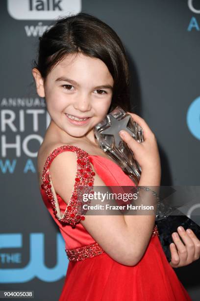 Actor Brooklynn Prince poses with the Best Young Actor/Actress award for 'The Florida Project' in the press room during The 23rd Annual Critics'...