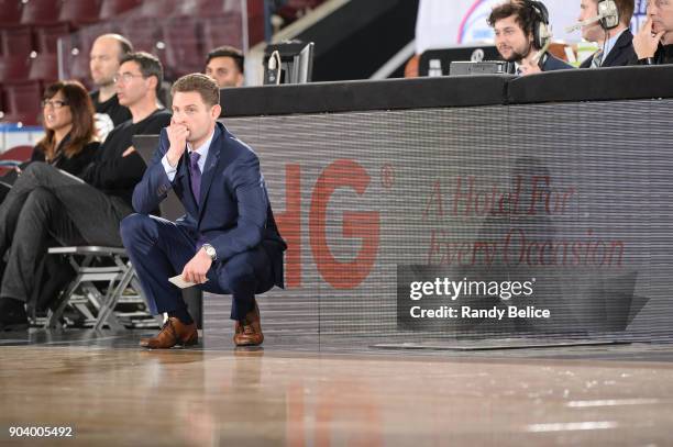 Head Coach Martin Schiller of the Salt Lake City Stars looks on during the NBA G League Showcase Game 12 between the Delaware 87ers and Salt Lake...