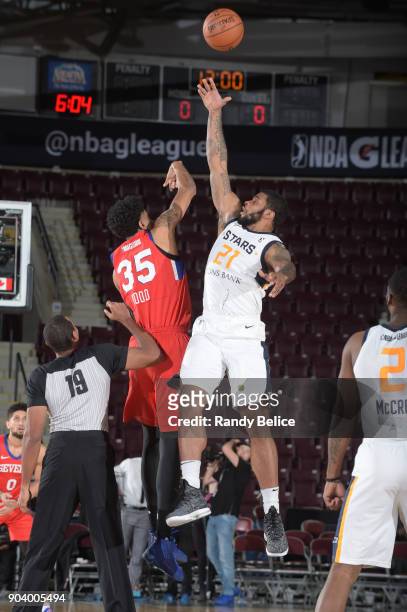 Chane Behanan of the Salt Lake City Stars jumps for the tip off during the game against the Delaware 87ers at the NBA G League Showcase Game 12...