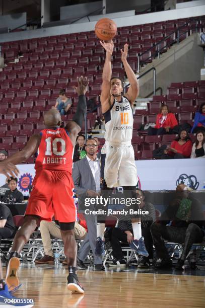 Isaiah Cousins of the Salt Lake City Stars shoots the ball during the game against the Delaware 87ers at the NBA G League Showcase Game 12 on January...