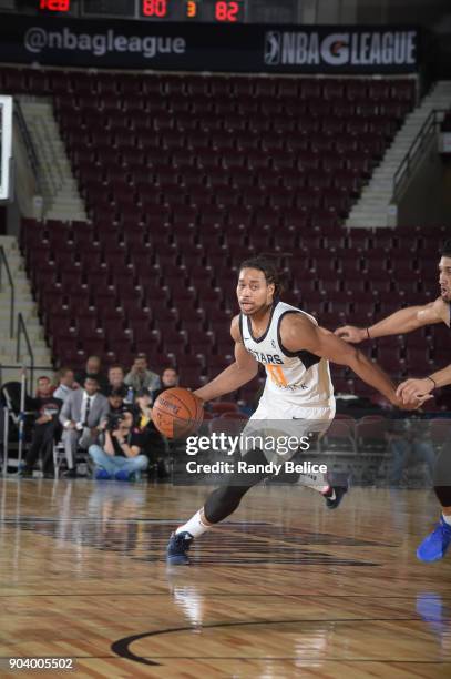 Isaiah Cousins of the Salt Lake City Stars handles the ball during the game against the Delaware 87ers at the NBA G League Showcase Game 12 on...