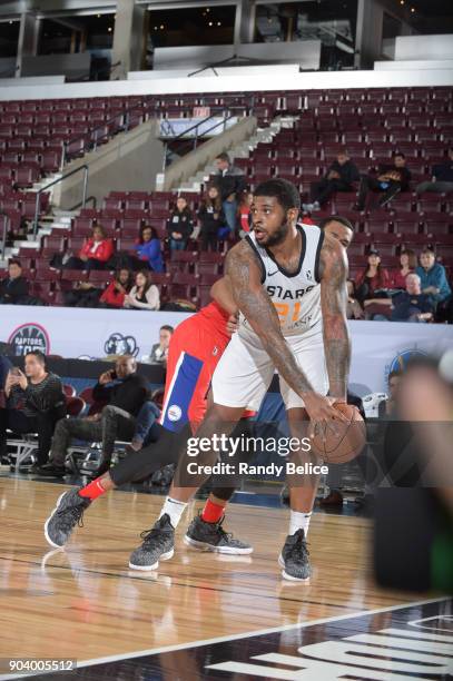 Chane Behanan of the Salt Lake City Stars handles the ball during the game against the Delaware 87ers at the NBA G League Showcase Game 12 between...