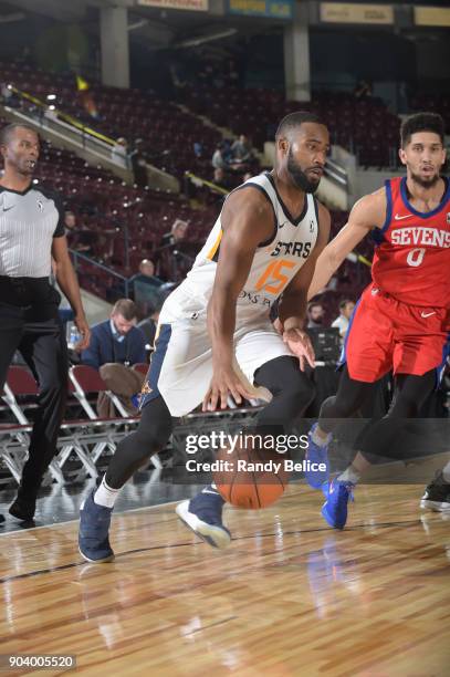 Deonte Burton of the Salt Lake City Stars handles the ball during the game against the Delaware 87ers at the NBA G League Showcase Game 12 on January...