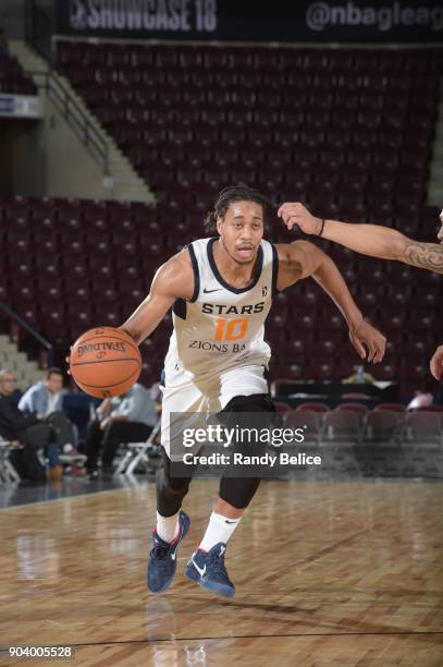 Isaiah Cousins of the Salt Lake City Stars handles the ball during the game against the Delaware 87ers at the NBA G League Showcase Game 12 on...