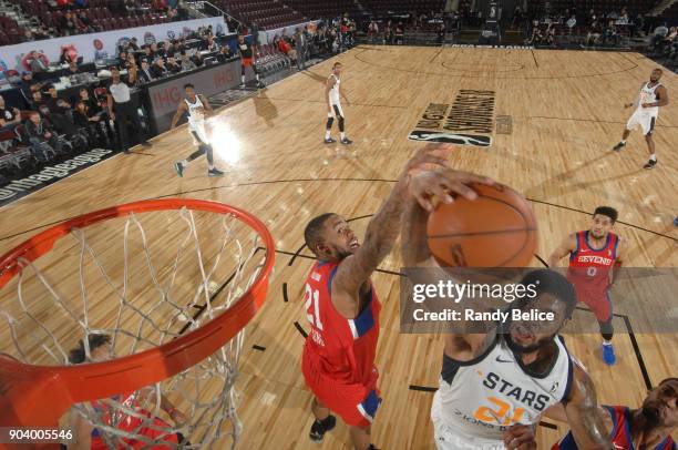 Chane Behanan of the Salt Lake City Stars handles the ball during the game against the Delaware 87ers at the NBA G League Showcase Game 12 between...