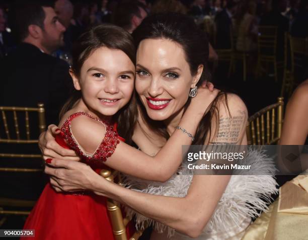 Actor Brooklynn Prince and director-actress Angelina Jolie attend The 23rd Annual Critics' Choice Awards at Barker Hangar on January 11, 2018 in...