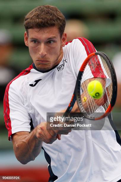 Pablo Carreno Busta of Spain plays a backhand against Matt Ebden of Australia during day four of the 2018 Kooyong Classic at Kooyong on January 12,...