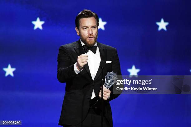 Actor Ewan McGregor accepts Best Actor in a Movie/Limited Series for 'Fargo' onstage during The 23rd Annual Critics' Choice Awards at Barker Hangar...