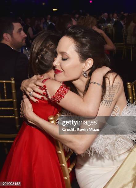 Actor Brooklynn Prince and director-actress Angelina Jolie attend The 23rd Annual Critics' Choice Awards at Barker Hangar on January 11, 2018 in...